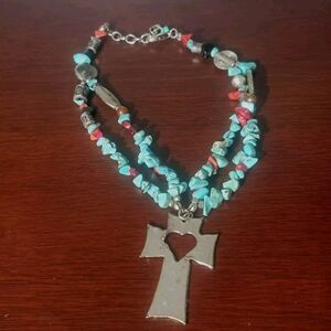 Southwestern Navajo Turquoise Double Strand Necklace Pewter Ankh Pendant Heart